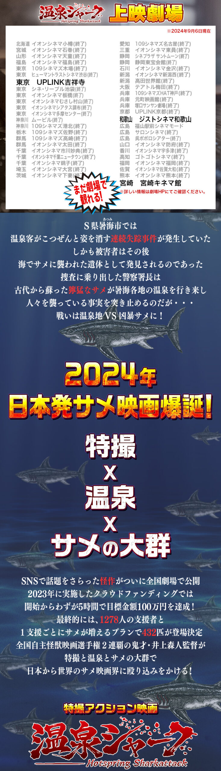 映画温泉シャーク上映館
北海道 イオンシネマ小樽(終了)
宮城　イオンシネマ石巻(終了)
山形　イオンシネマ天童(終了)
福島　イオンシネマ福島(終了)
東京　109シネマズ木場(終了)
東京　ヒューマントラストシネマ渋谷(終了)
東京　UPLINK吉祥寺
東京　シネ・リーブル池袋(終了)
東京　イオンシネマ板橋(終了)
東京　イオンシネマむさし村山(終了)
東京　イオンシネマシアタス調布(終了)
東京　イオンシネマ多摩センター(終了)
神奈川 ムービル(終了)
神奈川 109シネマズ港北(終了)
栃木　109シネマズ佐野(終了)
群馬　109シネマズ高崎(終了)
群馬　イオンシネマ太田(終了)
千葉　イオンシネマ市川妙典(終了)
千葉　イオンシネマ千葉ニュータウン(終了)
千葉　イオンシネマ銚子(終了)
埼玉　イオンシネマ大宮(終了)
茨城　イオンシネマ下妻(終了)
愛知　109シネマズ名古屋(終了)
三重　イオンシネマ東員(終了)
静岡　シネプラザ サントムーン(終了)
静岡　静岡東宝会館(終了)
石川　イオンシネマ金沢(終了)
新潟　イオンシネマ新潟西(終了)
新潟　高田世界館(終了)
大阪　テアトル梅田(終了)
兵庫　109シネマズHAT神戸(終了)
兵庫　元町映画館(終了)
兵庫　塚口サンサン劇場(終了)
京都　UPLINK京都(終了)
和歌山　ジストシネマ和歌山
広島　福山駅前シネマモード
広島　サロンシネマ(終了)
広島　呉ポポロシアター(終了)
山口　イオンシネマ防府(終了)
香川　イオンシネマ宇多津(終了)
高知　ゴトゴトシネマ(終了)
福岡　イオンシネマ福岡(終了)
佐賀　イオンシネマ佐賀大和(終了)
熊本　イオンシネマ熊本(終了)
宮崎　宮崎キネマ館
※詳しい情報は劇場HPにてご確認ください。