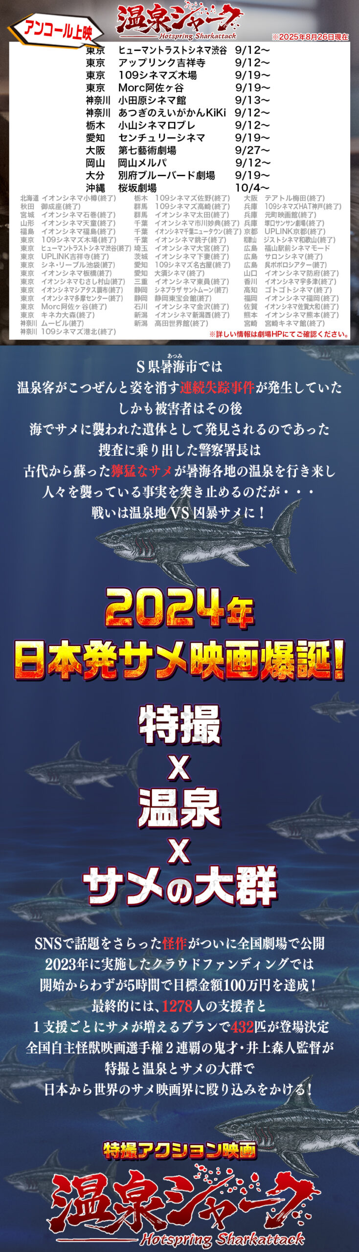 『温泉シャーク』上映予定映画館
アンコール上映
東京　	ヒューマントラストシネマ渋谷　9/12～
東京　	アップリンク吉祥寺　　　9/12～
東京		109シネマズ木場　　　　9/19～
東京		Morc阿佐ヶ谷　             9/19～
神奈川		小田原シネマ館　　　　　9/13～
神奈川		あつぎのえいがかんKiKi　9/12～
栃木		小山シネマロブレ　　　　9/12～
愛知		センチュリーシネマ　　　9/19～
大阪		第七藝術劇場　　　　　　9/27～
岡山　岡山メルパ　　　　　　　9/12～
大分		別府ブルーバード劇場　　9/19～
沖縄		桜坂劇場　　　　　　　　10/4〜

秋田　御成座　2024年12月28日（土）～12月31日（火）
池袋みらい国際映画祭　2025年2月8日（土）
北海道 イオンシネマ小樽(終了)
宮城　イオンシネマ石巻(終了)
山形　イオンシネマ天童(終了)
福島　イオンシネマ福島(終了)
東京　109シネマズ木場(終了)
東京　ヒューマントラストシネマ渋谷(終了)
東京　UPLINK吉祥寺(終了)
東京　シネ・リーブル池袋(終了)
東京　イオンシネマ板橋(終了)
東京　イオンシネマむさし村山(終了)
東京　イオンシネマシアタス調布(終了)
東京　イオンシネマ多摩センター(終了)
東京　Ｍorc阿佐ヶ谷(終了)
東京　キネカ大森(終了)
神奈川 ムービル(終了)
神奈川 109シネマズ港北(終了)
栃木　109シネマズ佐野(終了)
群馬　109シネマズ高崎(終了)
群馬　イオンシネマ太田(終了)
千葉　イオンシネマ市川妙典(終了)
千葉　イオンシネマ千葉ニュータウン(終了)
千葉　イオンシネマ銚子(終了)
埼玉　イオンシネマ大宮(終了)
茨城　イオンシネマ下妻(終了)
愛知　109シネマズ名古屋(終了)
三重　イオンシネマ東員(終了)
静岡　シネプラザ サントムーン(終了)
静岡　静岡東宝会館(終了)
石川　イオンシネマ金沢(終了)
新潟　イオンシネマ新潟西(終了)
新潟　高田世界館(終了)
大阪　テアトル梅田(終了)
兵庫　109シネマズHAT神戸(終了)
兵庫　元町映画館(終了)
兵庫　塚口サンサン劇場(終了)
京都　UPLINK京都(終了)
和歌山　ジストシネマ和歌山(終了)
広島　福山駅前シネマモード
広島　サロンシネマ(終了)
広島　呉ポポロシアター(終了)
山口　イオンシネマ防府(終了)
香川　イオンシネマ宇多津(終了)
高知　ゴトゴトシネマ(終了)
福岡　イオンシネマ福岡(終了)
佐賀　イオンシネマ佐賀大和(終了)
熊本　イオンシネマ熊本(終了)
宮崎　宮崎キネマ館(終了)
※詳しい情報は劇場HPにてご確認ください。